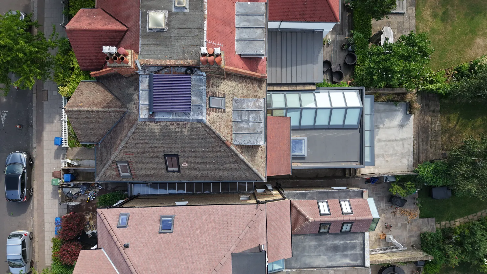 Nadir drone mapping capture over residential rooftops in London used for orthomosaic generation